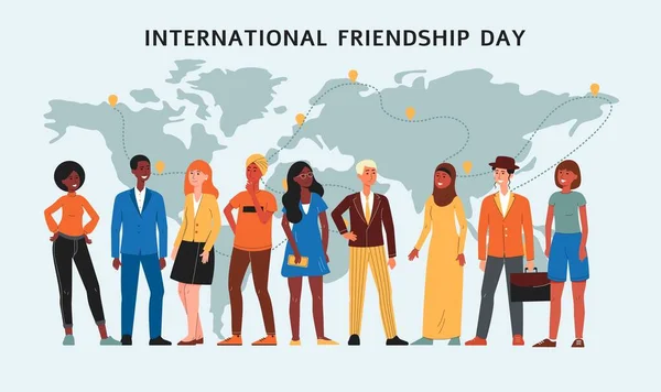 Διεθνής ημέρα φιλίας πανό με ποικίλη ομάδα φίλων των ανθρώπων κινουμένων σχεδίων — Διανυσματικό Αρχείο