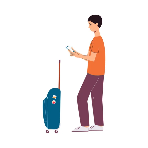 Traveler man using taxi mobile application, flat vector illustration isolated. — Stock Vector