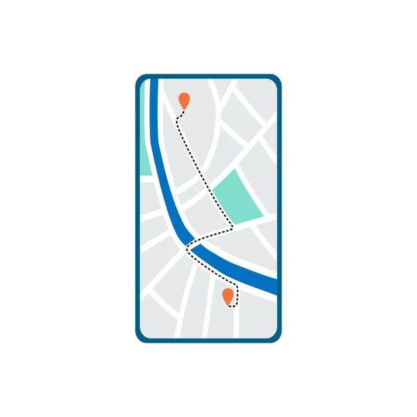 ルートナビゲーションを示す地図アプリとフラット電話画面 — ストックベクタ