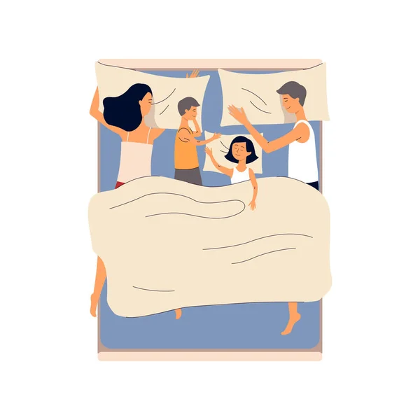 子供と一緒に寝ている家族フラット漫画のベクトルイラスト孤立. — ストックベクタ