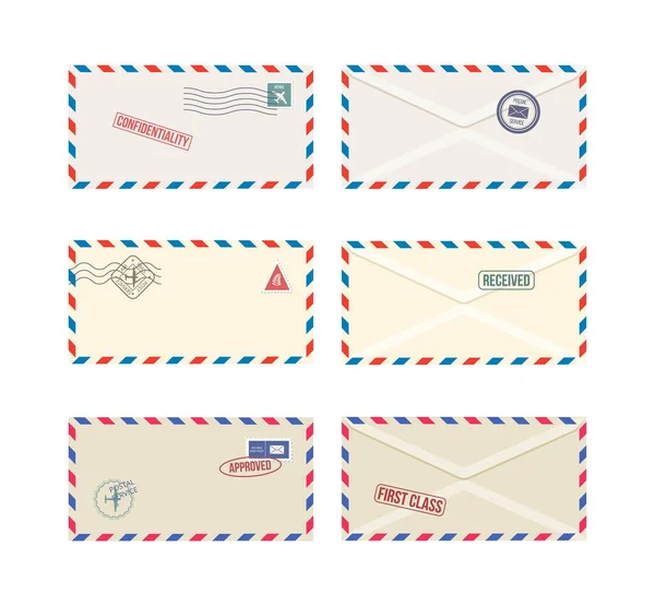 Conjunto de envelopes carimbados carta mockups, ilustração vetorial realista isolado. — Vetor de Stock