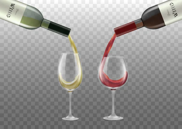 Vino blanco y tinto vertiendo de botellas ilustración vectorial realista aislado. — Vector de stock