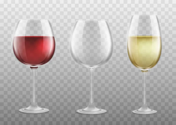 Glasses with red and white wine, realistic vector mockup illustration isolated. — Stock Vector