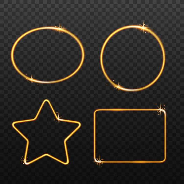 Gouden sprankelend licht frame set - ovale, cirkel, ster en rechthoek randen — Stockvector