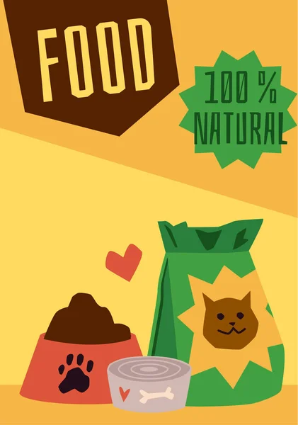 Plantilla de póster de alimentos para mascotas 100% natural con recipiente para perros y bolsa de pienso para gatos — Vector de stock