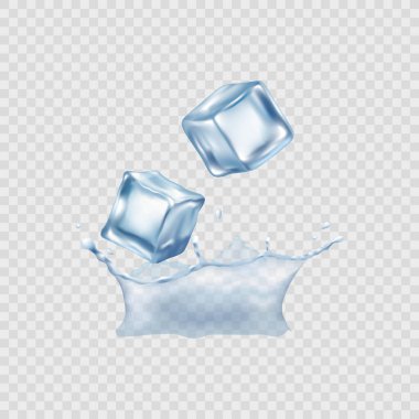 Suya düşen mavi buz küpleri izole edilmiş gerçekçi vektör çizimleri sergiliyor..