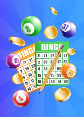 Bingo lottery balls and cards on blue background realistic vector illustration. clipart