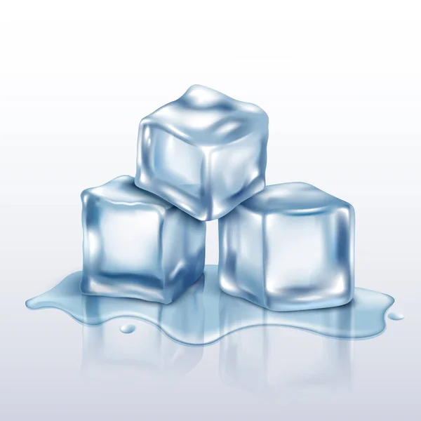 Melting ice cubes pile realistic mockup vector illustration on white background. — Stock Vector