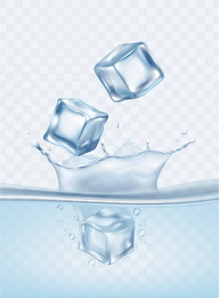 Три кубика льда, падающих в чистую голубую воду изолированы на прозрачном фоне — стоковый вектор