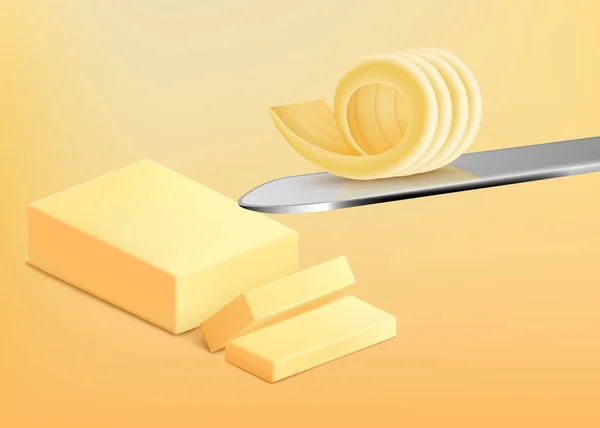 Realistisch blok boter in stukken gesneden en een vork krullen — Stockvector