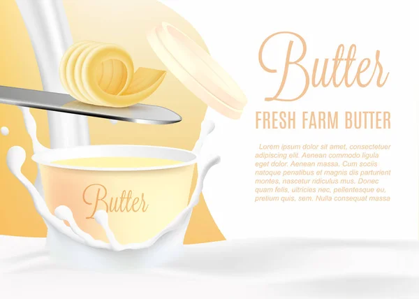 Fresh farm butter advertising banner 3d realistic vector illustration isolated. — Stock Vector
