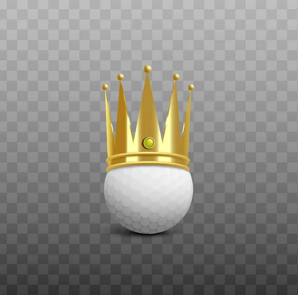 Bola de golfe branco vestindo brilhante coroa rei dourado - ilustração vetorial realista —  Vetores de Stock