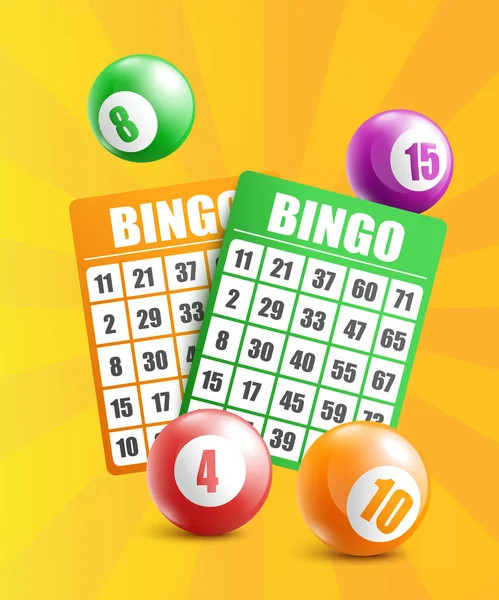 Concetto di gioco di bingo realistico con palle con numeri e carte del lotto e della lotteria. — Vettoriale Stock
