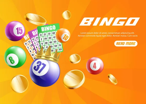 Banner web Bingo con palline e carte su illustrazione vettoriale realistica arancione. — Vettoriale Stock