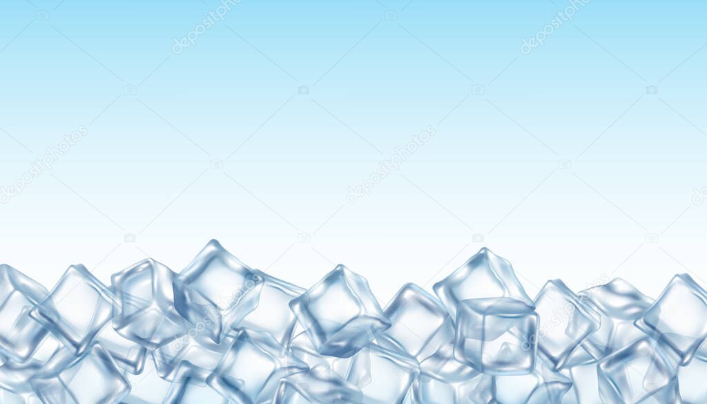 Layout with ice crystal cubes realistic vector illustration on sky background.