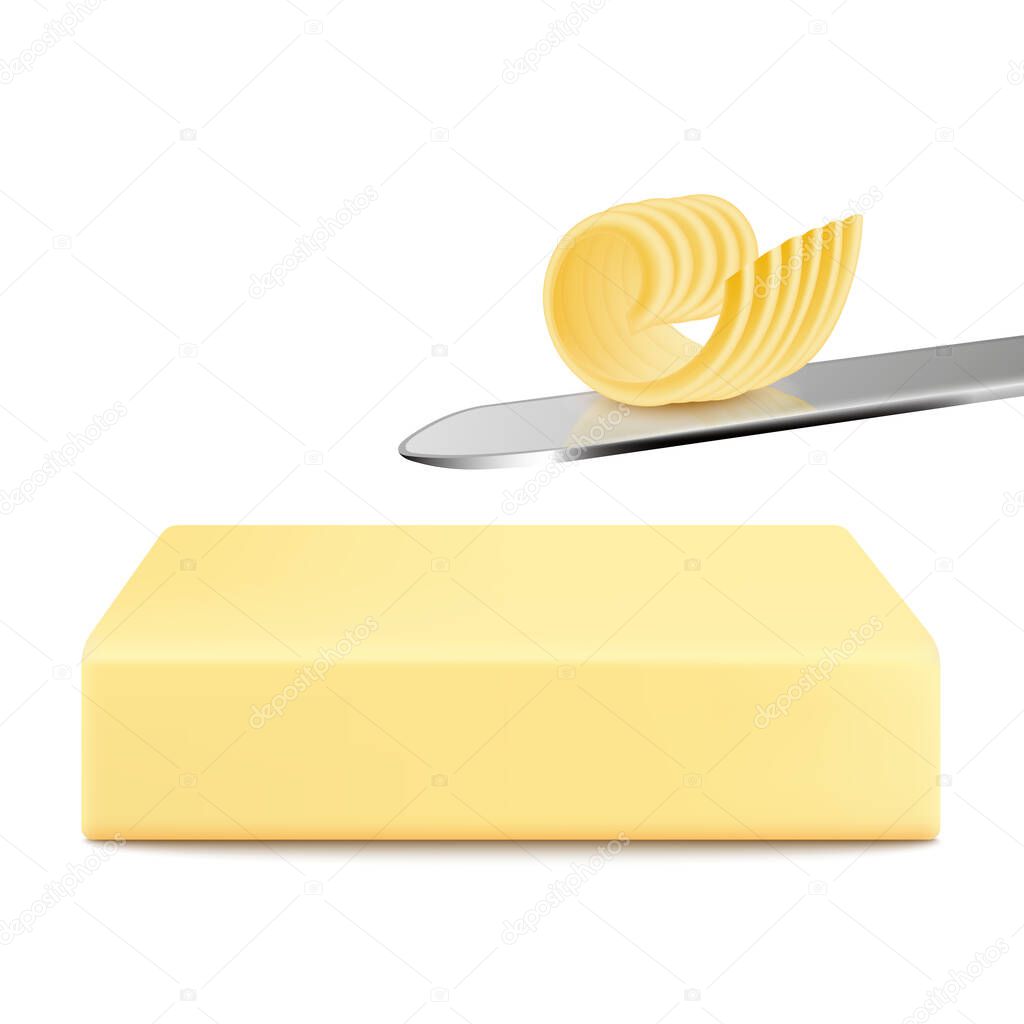 White block of butter with single fork butter curl on silver knife