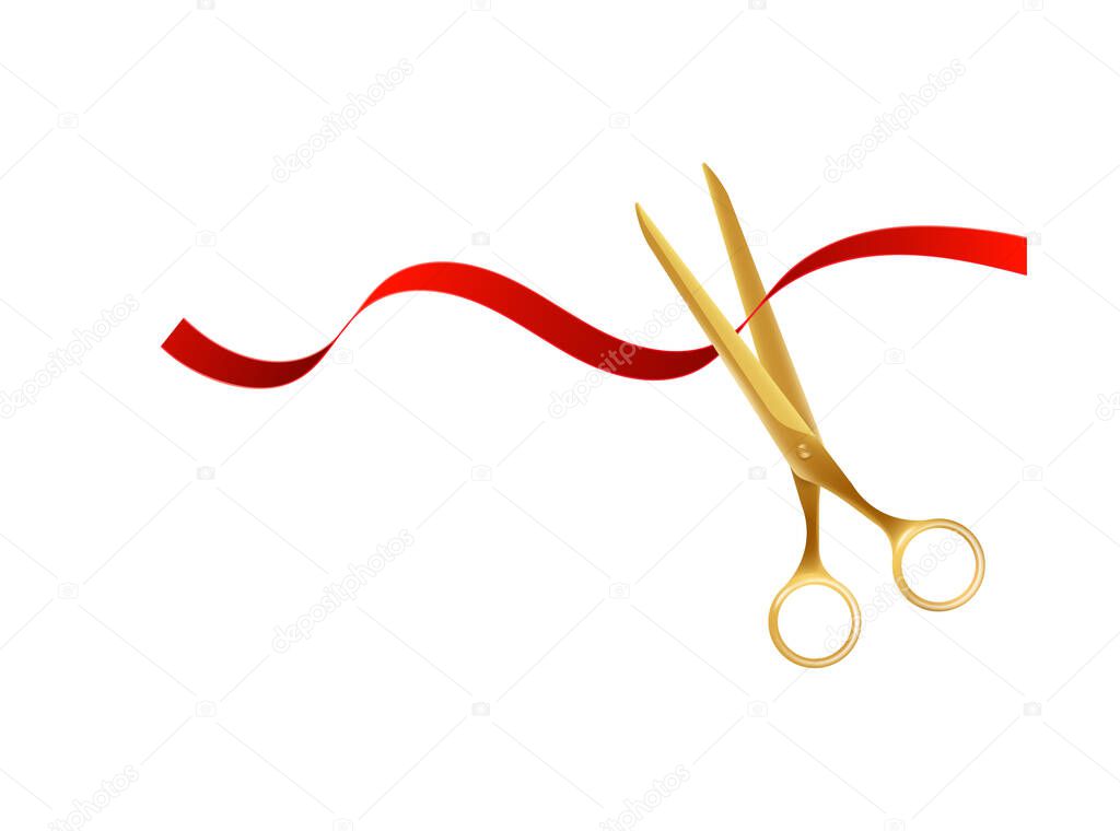 Golden scissors cutting red ribbon, realistic vector illustration isolated.