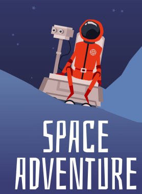 Gezgin robotun üzerinde oturan kırmızı astronotlu uzay keşif posteri.