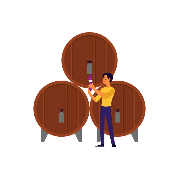 Hombre de dibujos animados que vierte bebida de barril de vino de madera barril — Vector de stock