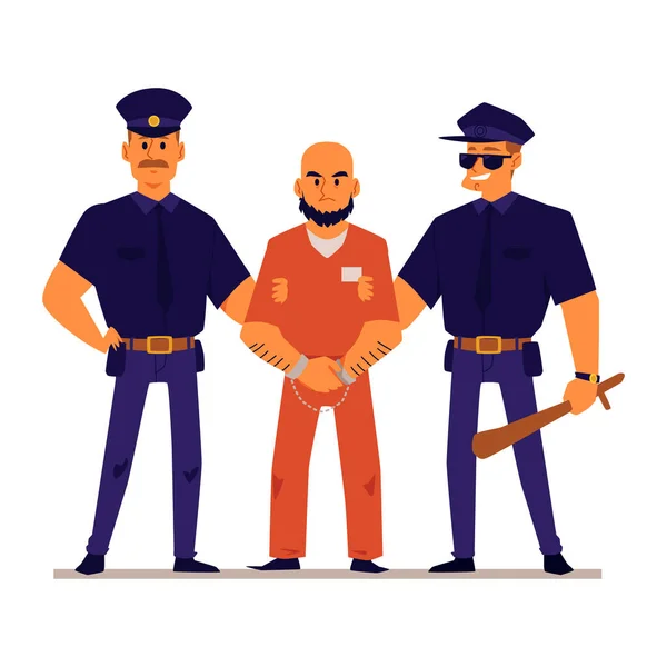 Karikaturní policisté držící spoutaného zločince v oranžové vězeňské uniformě — Stockový vektor