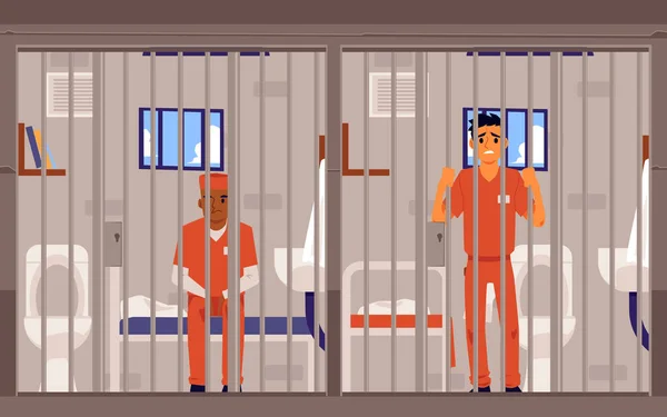 Gevangenen mannen cartoon personages in de gevangenis, platte vector illustratie. — Stockvector