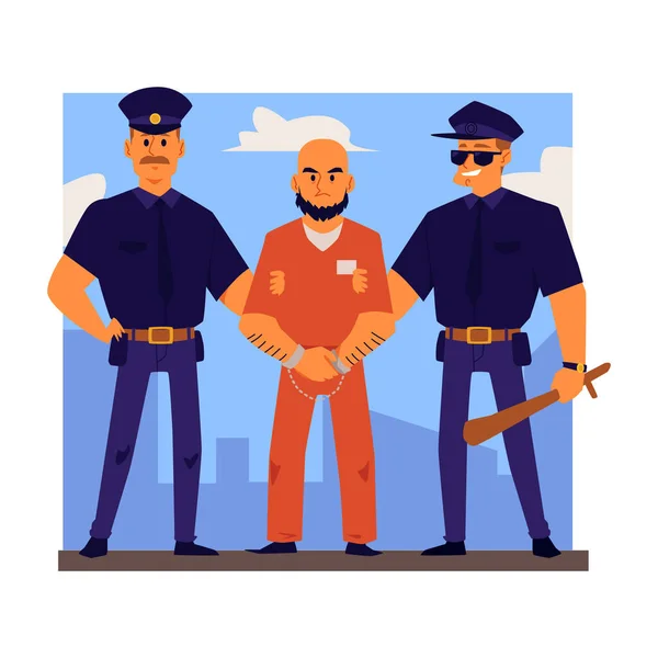 Personajes de oficiales de policía arrestan o escoltan ilustración de vector plano criminal. — Vector de stock