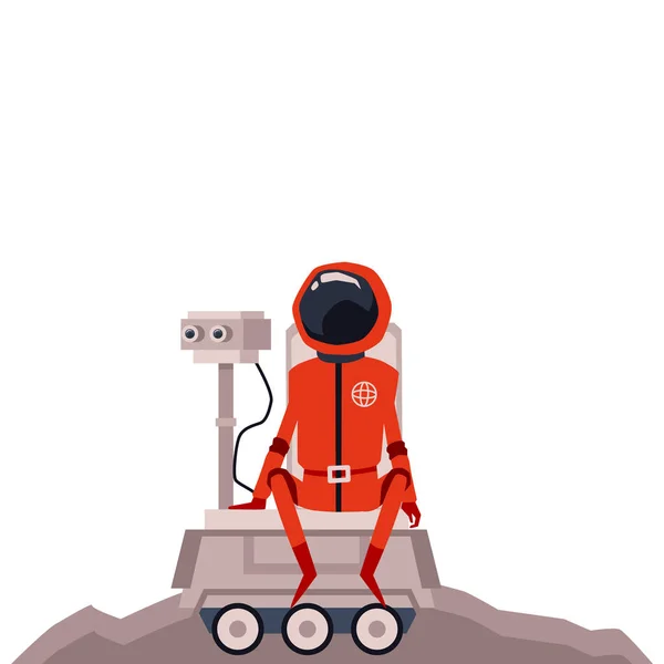 Αστροναύτης ή αστροναύτης χαρακτήρα στο φεγγάρι rover επίπεδη διανυσματική απεικόνιση απομονωμένη. — Διανυσματικό Αρχείο