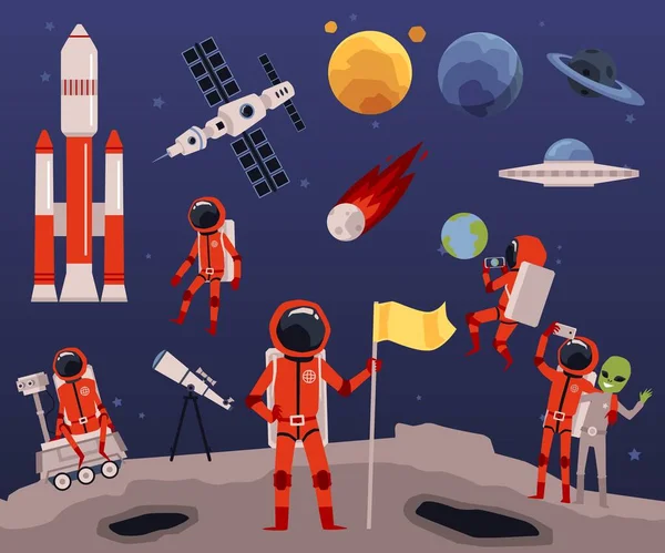 Astronomi seti - karikatür astronotu, uzay ekipmanı ve gezegenler — Stok Vektör