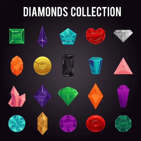 Cartoon-Diamanten in verschiedenen Formen Sammlung flache Vektorabbildung isoliert. — Stockvektor