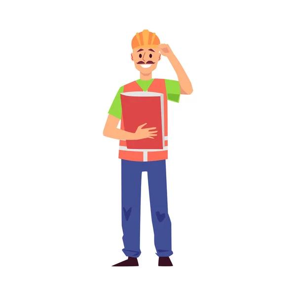 Desenhos animados homem no construtor uniforme segurando livro de documentos e sorrindo. —  Vetores de Stock