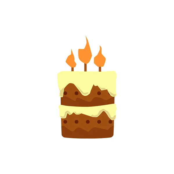 Beyaz arka planda mumları yanan çizgi film doğum günü pastası — Stok Vektör