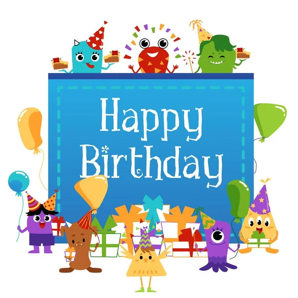 Feliz aniversário cartão de saudação com feliz desenhos animados monstros com balões e presentes —  Vetores de Stock