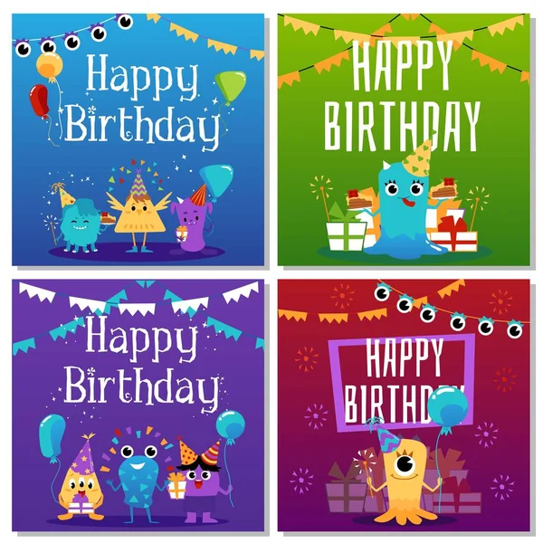 Набор поздравительных открыток с днем рождения с разноцветными детьми-монстрами с подарками — стоковый вектор
