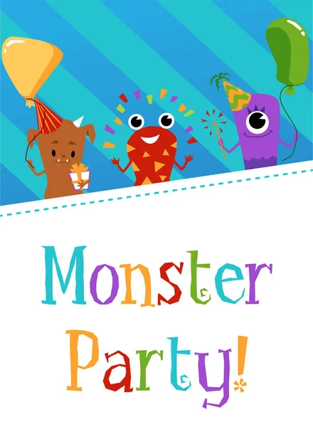Monster party pozvánka návrh karty plochý kreslený vektor ilustrace. — Stockový vektor