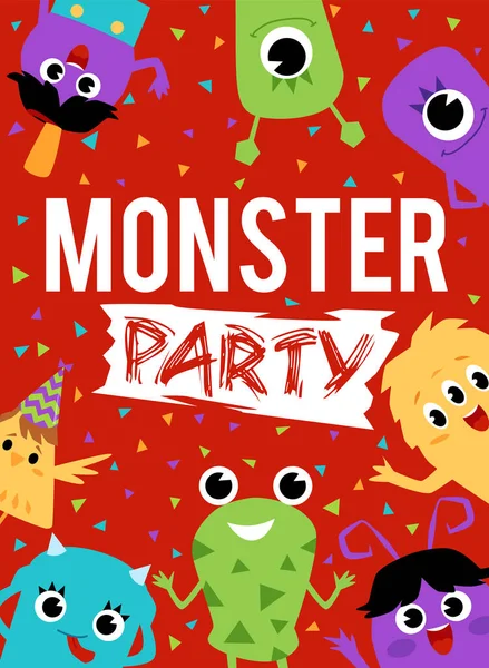 Monster party plakát s cizinci na červeném pozadí, ploché vektorové ilustrace. — Stockový vektor