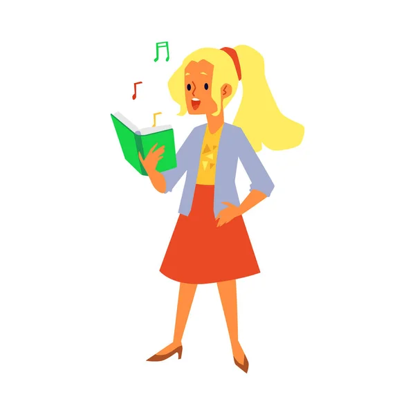 Chica de dibujos animados cantando mientras mira el libro con notas musicales — Archivo Imágenes Vectoriales