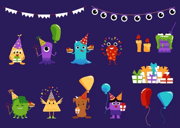 Party set with monsters and festive items flat vector illustration isolated. — Stock Vector