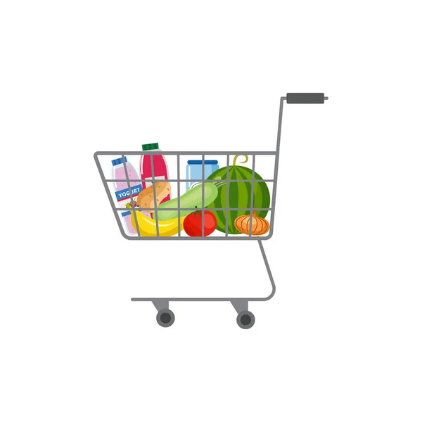 Carro de compras lleno de producción de comestibles ilustración vector plano aislado. — Archivo Imágenes Vectoriales