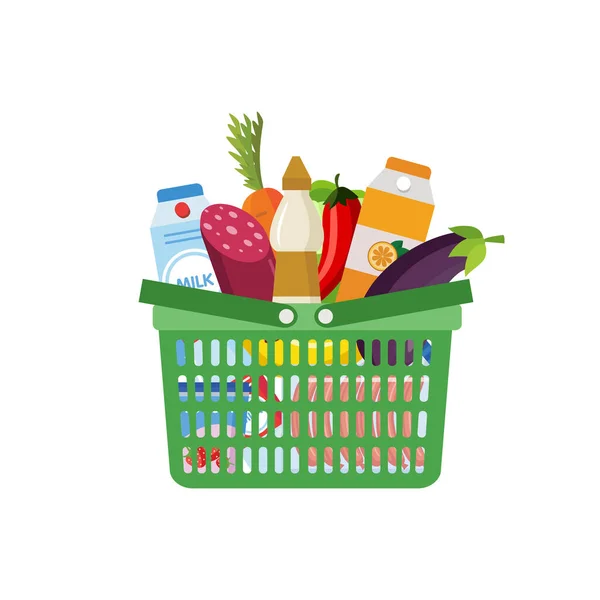 Bevásárlókosár tele élelmiszeripari termékek lapos vektor illusztráció elszigetelt. — Stock Vector