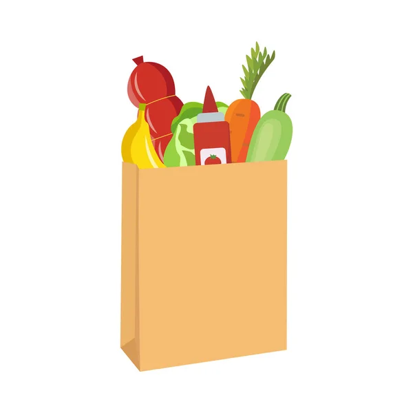 야채와 기타 식품으로 가득 찬 갈색 종이 식료품 봉지 — 스톡 벡터