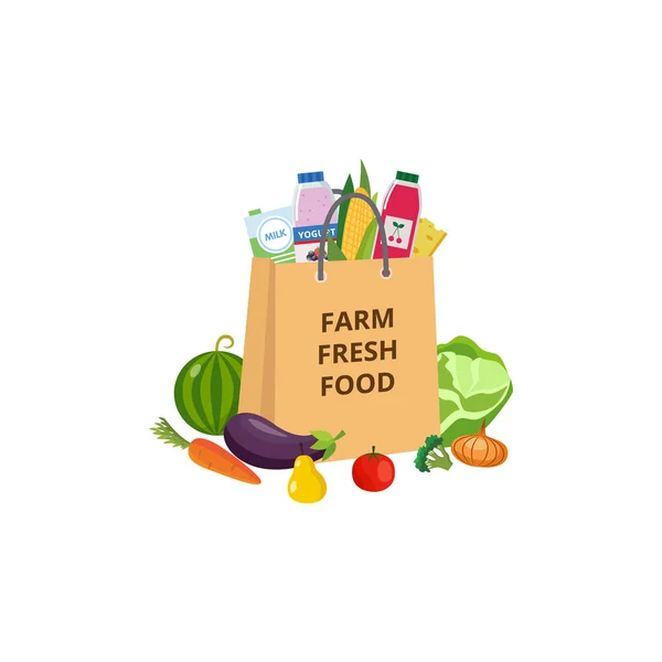 Papier Lebensmitteltasche mit Bauernhof frische Lebensmittel Symbol flache Vektorabbildung isoliert. — Stockvektor