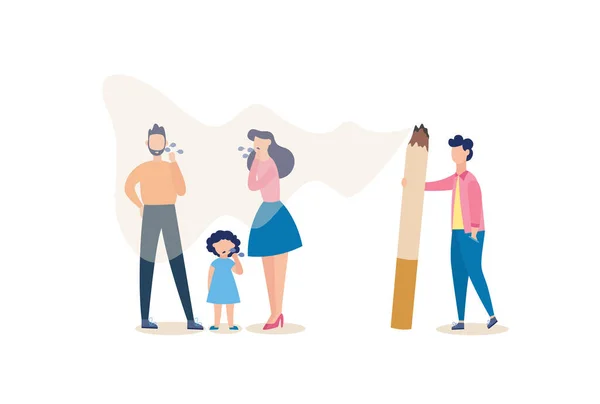 Familia de dibujos animados en humo de segunda mano del hombre fumando cigarrillo — Vector de stock