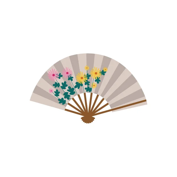 Ікона або знак азіатського жіночого шанувальника з квітами плоска Векторні ілюстрації ізольовані . — стоковий вектор