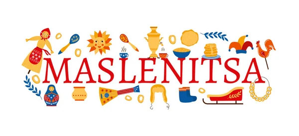 Banner para Maslenitsa con ilustración vectorial inscripción rusa aislada. — Vector de stock