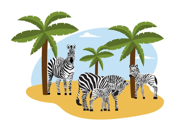 Herd of zebras on african landscape backdrop flat vector illustration isolated. — Stock Vector