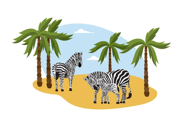 African zebras herd with green palm trees flat vector illustration isolated. — Stock Vector