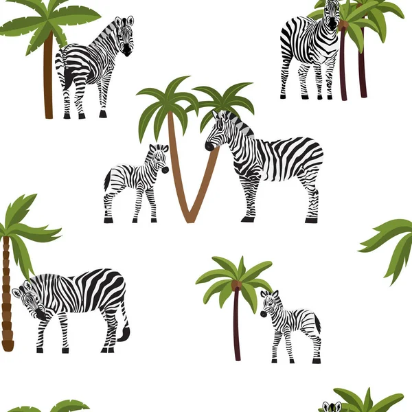 Zebror och palmer i sömlöst mönster, platt tecknad vektor illustration. — Stock vektor