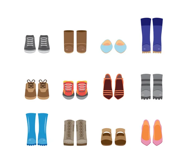 Ensemble de bottes et d'icônes de chaussures de mode de dessin animé, illustration vectorielle plate isolé. — Image vectorielle