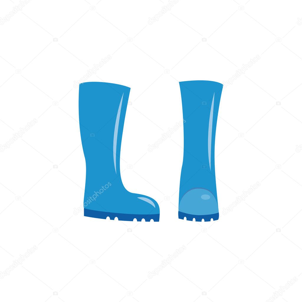 Isolated pair of blue rain boots from front and side view