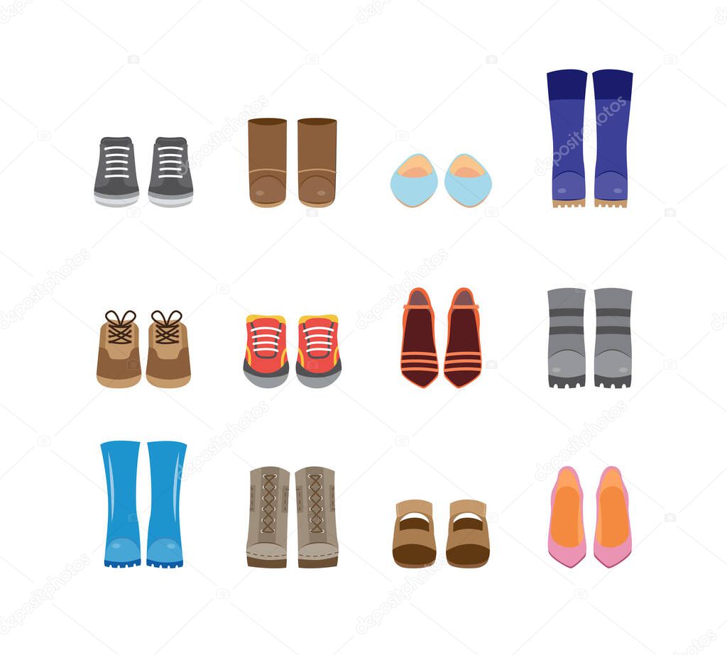 Set of cartoon fashion boots and shoes icons, flat vector illustration isolated.
